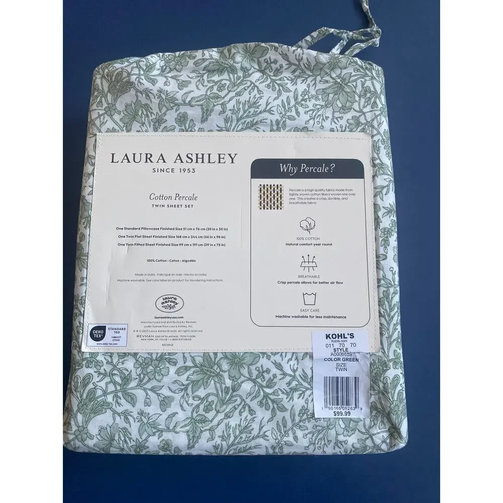 NWT Laura Ashley Cotton Percale Twin Sheet Set